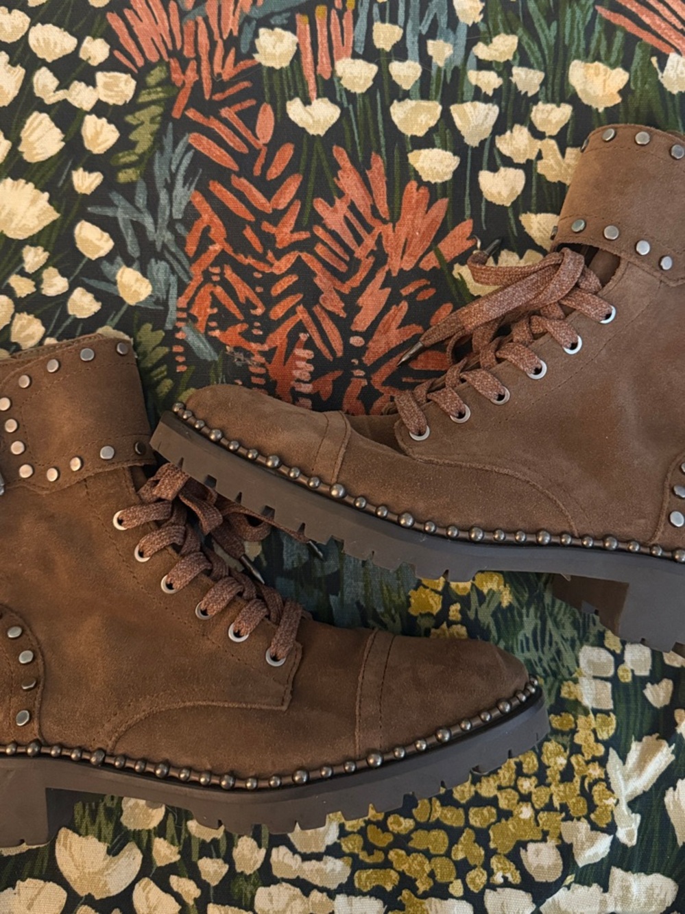 Sam Edelman Brown Suede Studded Lace-Up Combat Boots